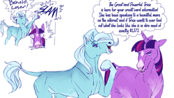 Size: 1440x810 | Tagged: safe, artist:combustionbunny, imported from derpibooru, trixie, twilight sparkle, horse, pony, unicorn, angry, blaze (coat marking), coat markings, comedy, dialogue, duo, duo female, ears back, facial markings, female, hoers, leonine tail, lesbian, realistic anatomy, shipping, simple background, snip (coat marking), star (coat marking), tail, twilight sparkle is not amused, twixie, unamused, unshorn fetlocks, white background