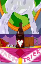 Size: 663x1024 | Tagged: safe, artist:mrleft, imported from derpibooru, comic:party trick, apple, apple pie, apple slice, cider, comic, curtains, food, mug, pie, promo, statue, text