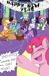 Size: 663x1024 | Tagged: safe, artist:mrleft, imported from derpibooru, applejack, fluttershy, pinkie pie, rainbow dash, rarity, twilight sparkle, alicorn, earth pony, pegasus, pony, unicorn, comic:party trick, banner, blushing, book, clothes, comic, dialogue, eyes closed, eyeshadow, floppy ears, hoofwrestle, looking into each others eyes, magic, makeup, open mouth, open smile, sitting, smiling, spread wings, statue, telekinesis, tongue out, twilight sparkle (alicorn), twilight's castle, wavy mouth, wings, yelling