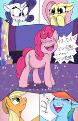 Size: 663x1024 | Tagged: safe, artist:mrleft, imported from derpibooru, applejack, fluttershy, pinkie pie, rainbow dash, rarity, earth pony, pegasus, pony, unicorn, comic:party trick, :d, :t, blushing, comic, covering mouth, dialogue, digestion, eyes closed, fat, floppy ears, implied death, implied twilight sparkle, instant digestion, laughing, onomatopoeia, open mouth, open smile, oral vore, pinkie pred, preylight, pudgy pie, pun, smiling, twilight's castle, varying degrees of want, vore, wavy mouth, worried