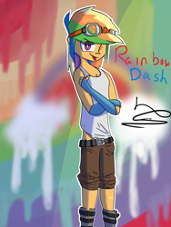 Size: 3000x4000 | Tagged: safe, artist:ronin20181, imported from derpibooru, rainbow dash, human, clothes, female, humanized, one eye closed, solo, tanktop, tongue out, wink