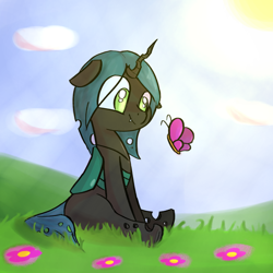 Size: 1000x1000 | Tagged: safe, artist:ronin20181, imported from derpibooru, queen chrysalis, butterfly, changeling, cute, cutealis, female, flower, grass, solo