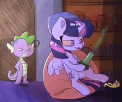 Size: 1200x1000 | Tagged: safe, artist:ronin20181, imported from derpibooru, spike, twilight sparkle, alicorn, dragon, pony, bong, drugs, duo, female, high, highlight sparkle, male, marijuana, spike is not amused, twilight sparkle (alicorn), unamused