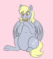 Size: 2015x2239 | Tagged: safe, artist:bella-pink-savage, imported from derpibooru, derpy hooves, pegasus, pony, aderpose, belly, chonk, chubby, cute, eating, fat, female, food, muffin, pink background, simple background, solo, that pony sure does love muffins