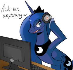 Size: 679x655 | Tagged: dead source, safe, artist:sallymon, imported from derpibooru, princess luna, alicorn, pony, ask gamer luna, gamer luna, 2012, ama, artifact, computer, desktop, female, gaming, headset, mare, nostalgia, open mouth, open smile, simple background, smiling, solo, white background