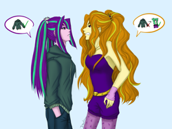 Size: 3181x2392 | Tagged: safe, artist:daazzlin, imported from derpibooru, adagio dazzle, aria blaze, equestria girls, angry, blue background, clothes, duo, female, gritted teeth, hoodie, simple background, speech bubble