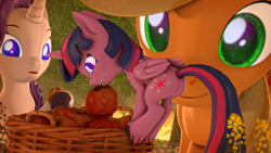 Size: 3840x2160 | Tagged: safe, artist:sylthena, imported from derpibooru, applejack, rarity, twilight sparkle, alicorn, earth pony, pony, unicorn, 3d, apple, apple basket, basket, camping, eating, female, flower, folded wings, food, forest, glowing, glowing eyes, grass, herbivore, lesbian, micro, rarijack, romantic, shipping, shrinking, source filmmaker, stealing, tail, thief, tree, twilight sparkle (alicorn), unshorn fetlocks, wings