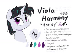 Size: 1600x1200 | Tagged: safe, artist:yaco, imported from derpibooru, oc, oc:viola harmony, pony, unicorn, female, magical lesbian spawn, mare, offspring, parent:octavia melody, parent:vinyl scratch, parents:scratchtavia, reference sheet, simple background, translation, translator:1845368013, white background