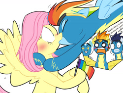 Size: 1600x1200 | Tagged: safe, artist:yaco, edit, imported from derpibooru, fleetfoot, fluttershy, rainbow dash, soarin', spitfire, pegasus, pony, :i, bipedal, blushing, clothes, expressions, eyes closed, female, flag, fleetfoot the shipper, flutterdash, french kiss, glomp, goggles, grin, hoof hold, hug, kiss on the lips, kissing, lesbian, lesbian in front of boys, male, mare, open mouth, question mark, raised hoof, shipper on deck, shipping, simple background, smiling, spread wings, stallion, starry eyes, surprise kiss, surprised, translation, translator:1845368013, uniform, white background, wingboner, wingding eyes, wings, wonderbolts, wonderbolts uniform