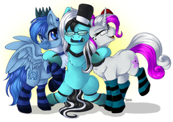 Size: 4093x2894 | Tagged: safe, artist:julunis14, imported from derpibooru, oc, oc only, oc:med, oc:purapoint, oc:simon pegasus, earth pony, pegasus, pony, unicorn, blue fur, blue pony, chest fluff, christmas, clothes, collar, colored muzzle, crown, cute, drink, ear fluff, ear piercing, earring, earth pony oc, eyes closed, female, freckles, friends, glasses, group hug, happy, hat, high res, holiday, horn, hug, jewelry, leg fluff, long mane, long tail, male, monster energy, pegasus oc, piercing, regalia, santa hat, simple background, smiling, socks, spread wings, striped socks, stripes, tail, top hat, trio, unicorn oc, white background, white fur, white pony, wingboner, wings