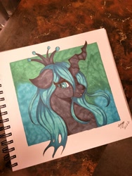 Size: 1080x1440 | Tagged: safe, artist:yeetus-deleetus, imported from derpibooru, queen chrysalis, changeling, changeling queen, cute, cute little fangs, fangs, female, looking at you, solo, traditional art