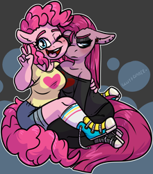 Size: 1458x1658 | Tagged: safe, artist:sexygoatgod, imported from derpibooru, pinkie pie, anthro, earth pony, blushing, clothes, converse, duality, duo, ear piercing, female, floppy ears, gauges, glare, goth, hug, looking at you, looking away, one eye closed, open mouth, open smile, peace sign, piercing, pinkamena diane pie, self paradox, self ponidox, shoes, smiling, sneakers, wink