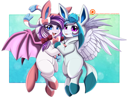 Size: 3046x2333 | Tagged: safe, artist:pridark, imported from derpibooru, oc, oc only, oc:malina, oc:starburn, bat pony, glaceon, pegasus, pony, sylveon, :p, bat pony oc, clothes, costume, crossover, cute, female, looking at you, mother and child, mother and daughter, ocbetes, open mouth, patreon, patreon reward, pegasus oc, pokémon, tongue out