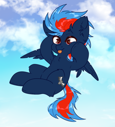 Size: 2000x2200 | Tagged: safe, artist:etoz, imported from derpibooru, oc, oc only, oc:black the dragon, pegasus, pony, :p, chibi, cloud, cute, happy, male, pegasus oc, sky, smiling, solo, stallion, tongue out, wings