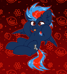 Size: 2000x2200 | Tagged: safe, alternate version, artist:etoz, imported from derpibooru, oc, oc only, oc:black the dragon, pegasus, pony, :p, abstract background, chibi, clown, cute, flower, happy, male, pegasus oc, smiling, solo, stallion, tongue out, wings