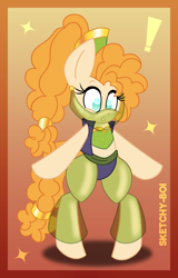 Size: 2300x3600 | Tagged: safe, artist:snakeythingy, imported from derpibooru, pear butter, earth pony, pony, belly dancer, belly dancer outfit, bipedal, clothes, exclamation point, gradient background, harem outfit, veil