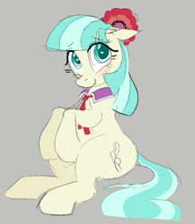 Size: 483x556 | Tagged: safe, artist:hattsy, coco pommel, earth pony, pony, aggie.io, blushing, female, looking up, mare, simple background, sitting, smiling