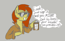 Size: 313x197 | Tagged: safe, oc, oc only, earth pony, pony, aggie.io, clipboard, female, glasses, lowres, mare, simple background, smiling, talking