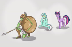 Size: 3248x2140 | Tagged: safe, anonymous artist, oc, oc:anon, /mlp/, 4chan, drawthread, hoplite, shield, shitposting, soldier, spear, trio, weapon