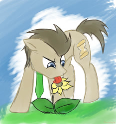 Size: 1400x1500 | Tagged: safe, artist:scooterloo, imported from derpibooru, doctor whooves, time turner, earth pony, pony, floppy ears, flower, herbivore, horses doing horse things, licking, male, necktie, solo, stallion, tongue out