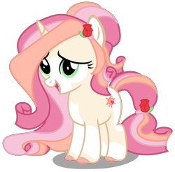 Size: 3500x3440 | Tagged: safe, artist:strategypony, imported from derpibooru, oc, oc only, oc:rose fluff, pony, unicorn, female, filly, flower, flower in hair, flower in tail, foal, horn, rose, simple background, tail, transparent background, unicorn oc