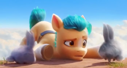Size: 1088x589 | Tagged: safe, imported from derpibooru, screencap, hitch trailblazer, earth pony, rabbit, spoiler:my little pony: a new generation, animal, critter magnet, g5, male, my little pony: a new generation, stallion, surprised