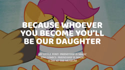 Size: 1280x720 | Tagged: safe, edit, editor:quoterific, idw, imported from derpibooru, mane allgood, scootaloo, snap shutter, earth pony, pegasus, pony, a day at the museum, female, filly, foal, grin, male, mare, offscreen character, smiling, solo focus, stallion, text