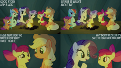 Size: 1280x720 | Tagged: safe, edit, edited screencap, editor:quoterific, imported from derpibooru, screencap, apple bloom, applejack, rainbow dash, rarity, scootaloo, sweetie belle, earth pony, pegasus, pony, unicorn, campfire tales, season 7, ^^, adorabloom, apple bloom's bow, applejack's hat, bow, campfire, cowboy hat, cute, cutealoo, cutie mark crusaders, diasweetes, eyes closed, female, filly, foal, grin, hair bow, hat, laughing, mare, open mouth, open smile, smiling, text
