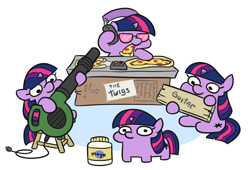 Size: 908x617 | Tagged: safe, artist:jargon scott, imported from derpibooru, twilight sparkle, pony, unicorn, band, cardboard box, commission, disc jockey, female, filly, filly twilight sparkle, food, headphones, is mayonnaise an instrument?, leaf blower, looking at you, mayonnaise, meat, multeity, pepperoni, pepperoni pizza, pizza, sauce, self paradox, self ponidox, sign, simple background, sparkle sparkle sparkle, spongebob squarepants, squatpony, stool, sunglasses, turntable, twiggie, unicorn twilight, white background, younger