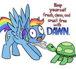 Size: 1000x915 | Tagged: safe, alternate version, artist:happy harvey, imported from derpibooru, rainbow dash, tank, pegasus, pony, tortoise, turtle, colored, colored pupils, dawn, drawthread, female, helping, mare, phone drawing, plastic, pulling, rainbow dumb, requested art, role reversal, simple background, soap, spread wings, suffocating, too dumb to live, transparent background, trash, wings