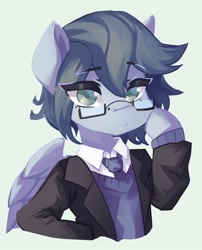 Size: 2418x3000 | Tagged: safe, artist:saxopi, imported from derpibooru, oc, oc only, pegasus, semi-anthro, adjusting glasses, bust, clothes, colored pupils, eye clipping through hair, eyebrows, eyebrows visible through hair, eyelashes, glasses, green background, green eyes, high res, looking at you, necktie, oc name needed, pegasus oc, simple background, solo, spread wings, suit, sweater, sweater vest, white shirt, wings