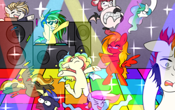 Size: 1224x768 | Tagged: safe, artist:kaikururu, imported from derpibooru, princess celestia, oc, oc:joke plant, oc:kaikururu, alicorn, bat pony, pegasus, pony, bat pony oc, bipedal, commission, dancing, female, grin, male, mare, pegasus oc, smiling, speaker, stallion, sunglasses, turntable, unshorn fetlocks, ych result