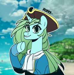 Size: 2027x2052 | Tagged: safe, artist:juiss, imported from derpibooru, oc, oc only, oc:mintya, pony, unicorn, beach, clothes, hat, ocean, pirate, pirate hat, solo, water