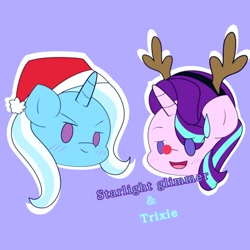 Size: 400x400 | Tagged: safe, artist:zeon_starlight, imported from derpibooru, starlight glimmer, trixie, pony, unicorn, antlers, beady eyes, christmas, duo, female, hat, holiday, looking at you, mare, open mouth, open smile, purple background, reindeer antlers, santa hat, simple background, smiling, smiling at you, text
