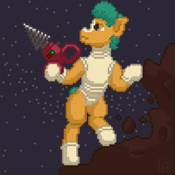 Size: 400x400 | Tagged: safe, artist:vohd, imported from derpibooru, hitch trailblazer, earth pony, pony, animated, asteroid, demotivational poster, g5, gif, meme, miner, pixel art, solo, space