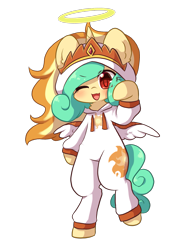 Size: 1237x1614 | Tagged: safe, artist:yilo, imported from derpibooru, daybreaker, oc, oc:seven sister, pony, unicorn, bipedal, clothes, female, halo, horn, one eye closed, simple background, solo, transparent background, unicorn oc, wings, wink