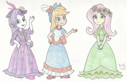 Size: 1400x898 | Tagged: safe, artist:bageloftime, imported from derpibooru, applejack, fluttershy, rarity, equestria girls, magical mystery cure, clothes, dress, gown, long dress, long skirt, skirt, traditional art, trio