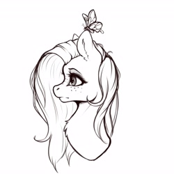 Size: 4096x4096 | Tagged: safe, artist:miokomata, imported from derpibooru, fluttershy, butterfly, pegasus, pony, absurd resolution, black and white, bust, chest fluff, ear fluff, female, freckles, freckleshy, grayscale, lineart, mare, monochrome, profile, simple background, solo, white background, wip