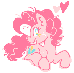 Size: 392x384 | Tagged: safe, pinkie pie, earth pony, pony, /pnk/, aggie.io, cute, ear fluff, female, heart, lying down, mare, messy mane, ms paint, open mouth, open smile, simple background, smiling, solo, sweat, sweatdrop, sweatdrops, white background
