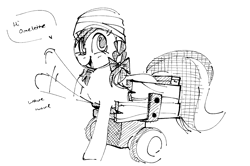 Size: 1667x1104 | Tagged: safe, artist:hattsy, jinx, earth pony, pony, amputee, blushing, bow, double amputee, female, hair bow, mare, monochrome, open mouth, open smile, solo, speech bubble, talking, talking to viewer, text, waving