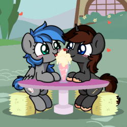 Size: 1000x1000 | Tagged: safe, artist:sugar morning, imported from derpibooru, oc, oc:bibbo, oc:twisty, pegasus, pony, unicorn, animated, blushing, cherry, commission, cute, date, duo, female, floating heart, food, freckles, hay bale, heart, licking, looking at each other, looking at someone, male, milkshake, mlem, oc x oc, outdoors, sharing a drink, shipping, silly, sitting, straight, tongue out, twibbo, whipped cream, ych result
