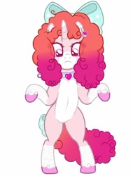 Size: 480x631 | Tagged: safe, artist:crystal yazaran, imported from derpibooru, oc, oc only, pony, unicorn, bipedal, bow, coat markings, collar, colored eartips, colored hooves, cropped, eye clipping through hair, facial markings, female, gradient mane, gradient tail, hair bow, heart collar, horn, pale belly, pink coat, pink eyes, pink hair, poofy mane, poofy tail, simple background, snip (coat marking), socks (coat markings), solo, tail, template, unicorn oc, white background