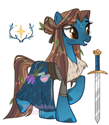 Size: 1133x1300 | Tagged: safe, artist:stardust-mocha, imported from derpibooru, oc, oc only, oc:highland merry, earth pony, pony, belt, clothes, coat, female, flower, fur coat, grin, leaf, leaves, mare, markings, potion, raised hoof, raised leg, rope, scotland, simple background, skirt, smiling, solo, sword, tattoo, thistle, transparent background, weapon