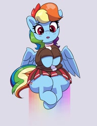 Size: 737x960 | Tagged: safe, alternate version, artist:pabbley, imported from derpibooru, rainbow dash, pegasus, pony, aggie.io, cel shading, cheerleader, cheerleader outfit, clothes, cute, dashabetes, dress, female, mare, open mouth, rainbow, shading, simple background, sitting, spread wings, thighs, thunder thighs, wings