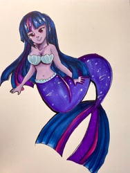 Size: 3024x4032 | Tagged: safe, artist:tealhikari, imported from derpibooru, twilight sparkle, mermaid, equestria girls, bare shoulders, belly button, bra, cute, fish tail, mermaid tail, mermaidized, seashell bra, sleeveless, solo, species swap, strapless, tail