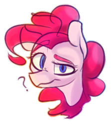 Size: 2500x2800 | Tagged: safe, artist:packy paca, imported from derpibooru, pinkie pie, earth pony, pony, bust, eyebrows, eyebrows visible through hair, female, high res, looking at you, mare, portrait, question mark, raised eyebrow, simple background, solo, transparent background