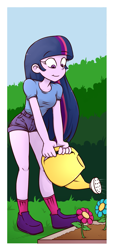 Size: 1065x2348 | Tagged: safe, artist:oyedraws, imported from derpibooru, twilight sparkle, equestria girls, clothes, cute, dirt, female, flower, garden, gardening, shoes, shorts, smiling, solo, twiabetes, watering, watering can