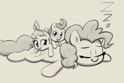 Size: 1996x1332 | Tagged: safe, artist:heretichesh, imported from derpibooru, pinkie pie, pound cake, pumpkin cake, earth pony, pegasus, pony, unicorn, colt, cute, diapinkes, eyes closed, female, filly, foal, grayscale, lying down, male, mare, monochrome, older, older pound cake, older pumpkin cake, onomatopoeia, open mouth, open smile, prone, simple background, smiling, sound effects, sploot, trio, white background, zzz