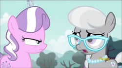 Size: 1280x720 | Tagged: safe, imported from derpibooru, screencap, diamond tiara, silver spoon, earth pony, pony, crusaders of the lost mark, season 5, discovery family, discovery family logo, duo, female, filly, foal, logo