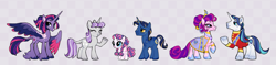 Size: 1855x441 | Tagged: safe, artist:deadmouseseverywhere, imported from derpibooru, night light, princess cadance, princess flurry heart, shining armor, twilight sparkle, twilight velvet, alicorn, pony, unicorn, alternate design, base used, checkered background, family, female, filly, filly flurry heart, foal, leonine tail, male, mare, nightvelvet, older, older flurry heart, shiningcadance, shipping, sparkle family, stallion, straight, tail, twilight sparkle (alicorn), unshorn fetlocks